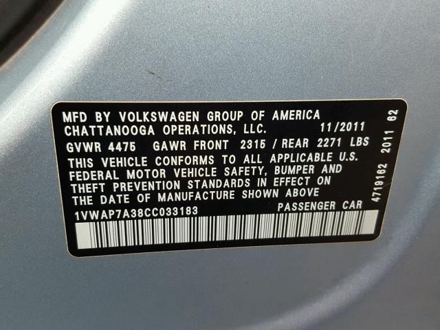 1VWAP7A38CC033183 - 2012 VOLKSWAGEN PASSAT S BLUE photo 10