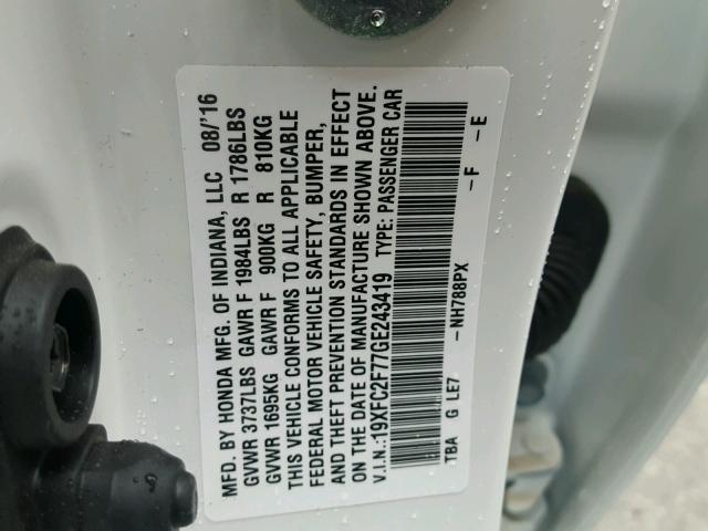 19XFC2F77GE243419 - 2016 HONDA CIVIC EX თეთრი ფოტო 10