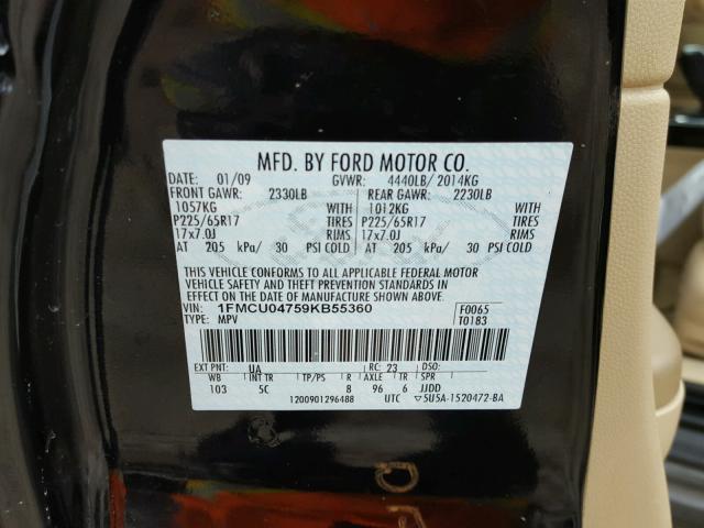 1FMCU04759KB55360 - 2009 FORD ESCAPE LIM BLACK photo 10