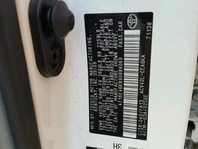 4T1BE46K89U888069 - 2009 TOYOTA CAMRY BASE WHITE photo 10