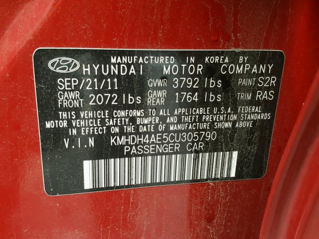 KMHDH4AE5CU305790 - 2012 HYUNDAI ELANTRA GL RED photo 10