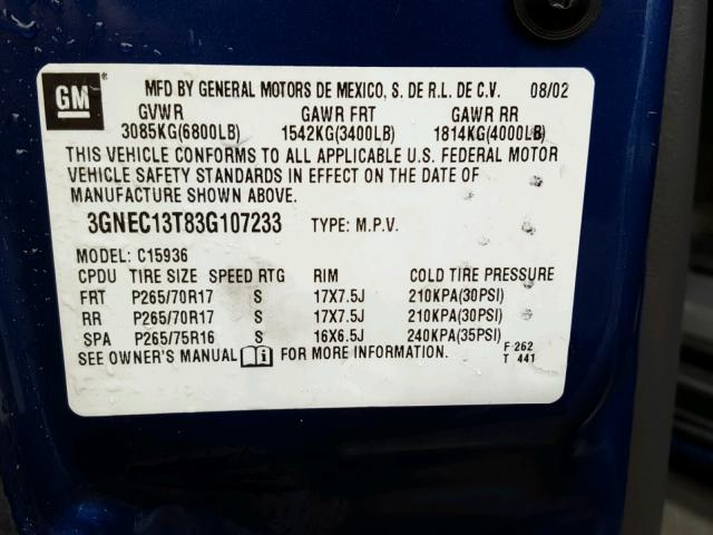 3GNEC13T83G107233 - 2003 CHEVROLET AVALANCHE BLUE photo 10