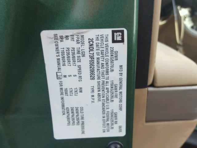 2CNDL73F656206628 - 2005 CHEVROLET EQUINOX LT GREEN photo 10