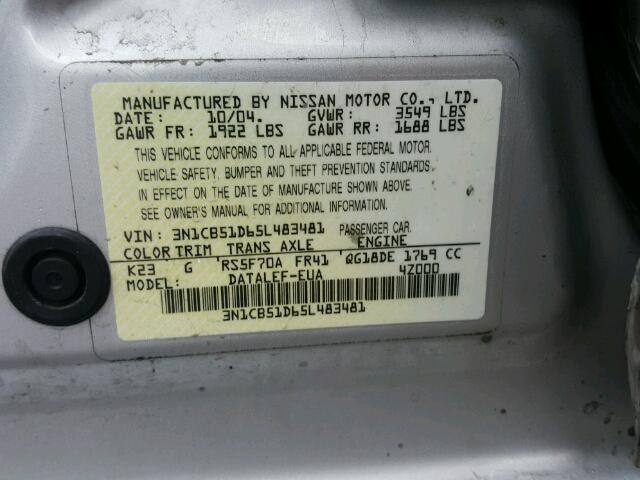 3N1CB51D65L483481 - 2005 NISSAN SENTRA 1.8 SILVER photo 10