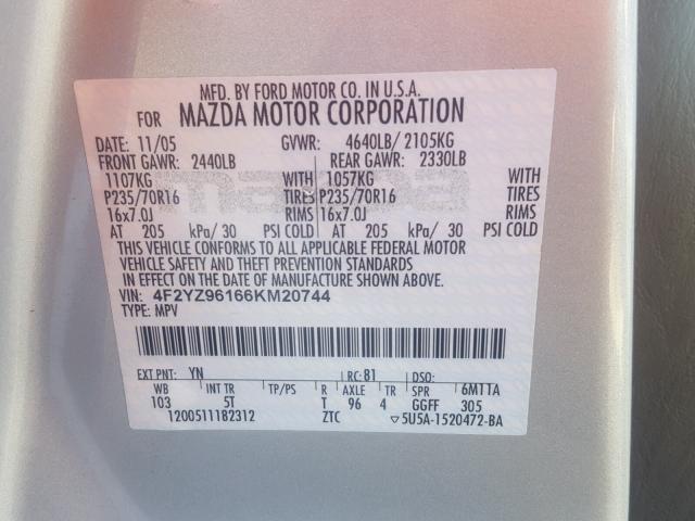 4F2YZ96166KM20744 - 2006 MAZDA TRIBUTE S SILVER photo 10