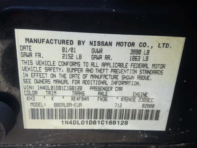 1N4DL01D81C168128 - 2001 NISSAN ALTIMA XE BLACK photo 10