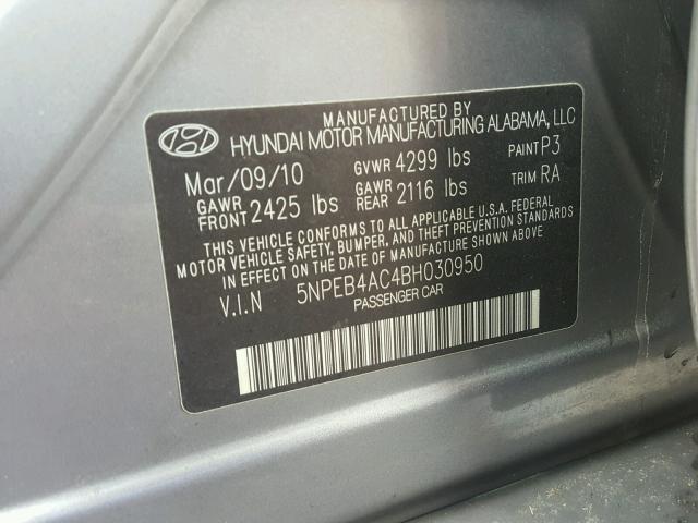 5NPEB4AC4BH030950 - 2011 HYUNDAI SONATA GLS CHARCOAL photo 10