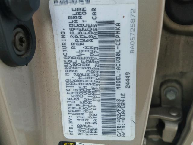 4T1BE32K94U267173 - 2004 TOYOTA CAMRY LE WHITE photo 10