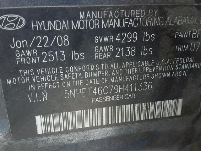 5NPET46C79H411336 - 2009 HYUNDAI SONATA GLS BLUE photo 10