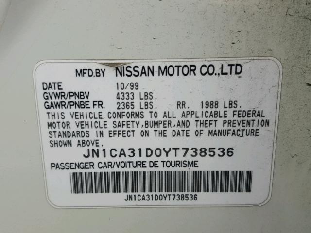 JN1CA31D0YT738536 - 2000 NISSAN MAXIMA GLE WHITE photo 10