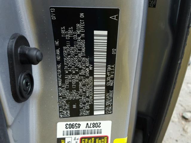 5TDYK3DC8DS392568 - 2013 TOYOTA SIENNA XLE SILVER photo 10