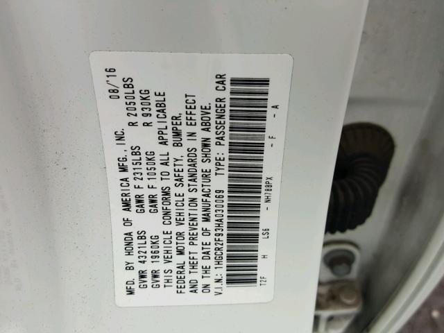 1HGCR2F93HA030069 - 2017 HONDA ACCORD EXL WHITE photo 10