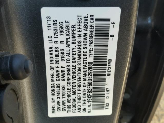 19XFB2F50DE292880 - 2013 HONDA CIVIC LX GRAY photo 10