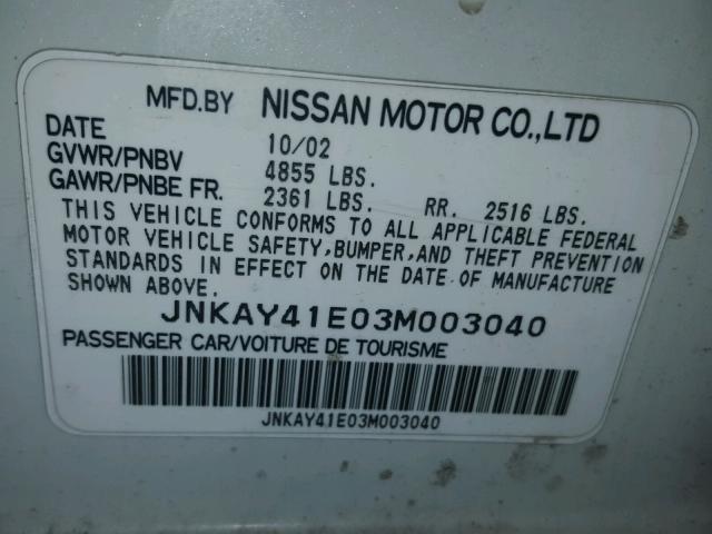 JNKAY41E03M003040 - 2003 INFINITI M45 WHITE photo 10