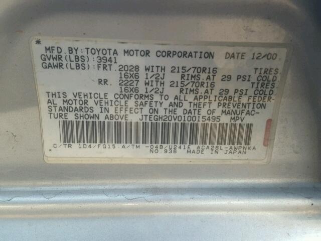 JTEGH20V010015495 - 2001 TOYOTA RAV4 SILVER photo 10