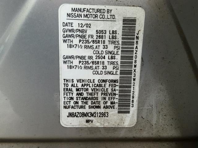 JN8AZ08WX3W212963 - 2003 NISSAN MURANO SL SILVER photo 10