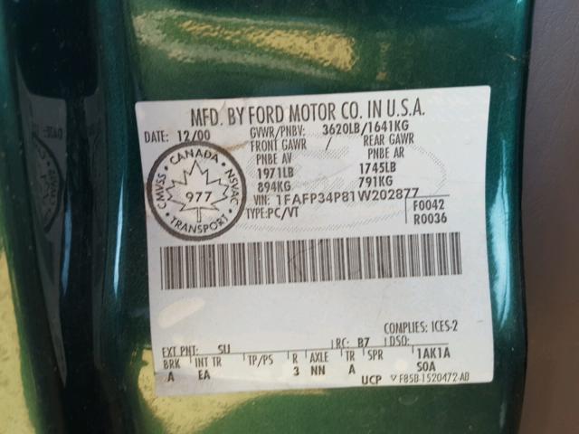 1FAFP34P81W202877 - 2001 FORD FOCUS SE GREEN photo 10