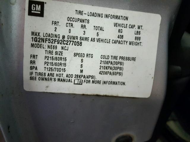 1G2NF52F92C277058 - 2002 PONTIAC GRAND AM S ვერცხლისფერი ფოტო 10