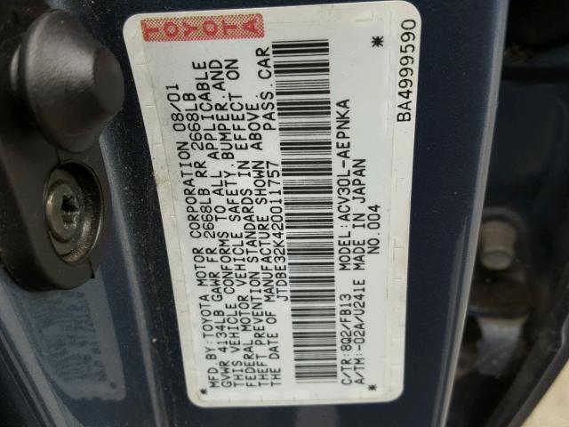 JTDBE32K420011757 - 2002 TOYOTA CAMRY LE ლურჯი ფოტო 10