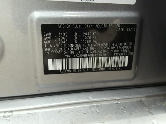 4S3BMBF68B3215101 - 2011 SUBARU LEGACY 2.5 SILVER photo 10