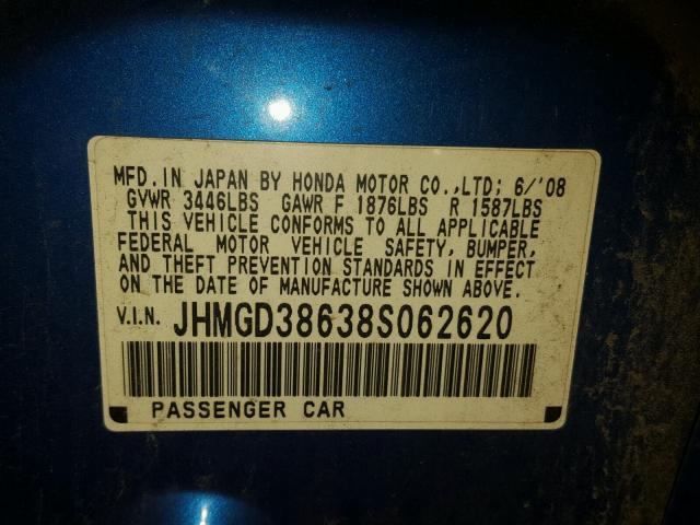 JHMGD38638S062620 - 2008 HONDA FIT SPORT BLUE photo 10