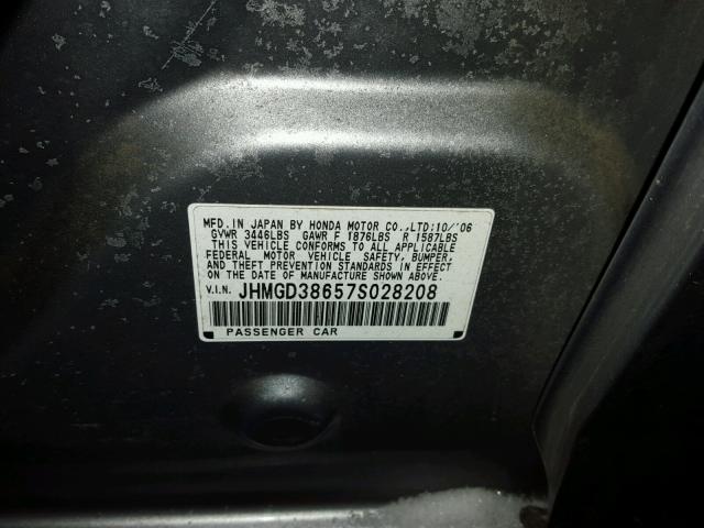 JHMGD38657S028208 - 2007 HONDA FIT S GRAY photo 10