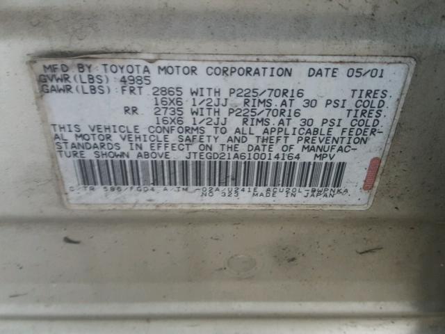 JTEGD21A610014164 - 2001 TOYOTA HIGHLANDER GOLD photo 10