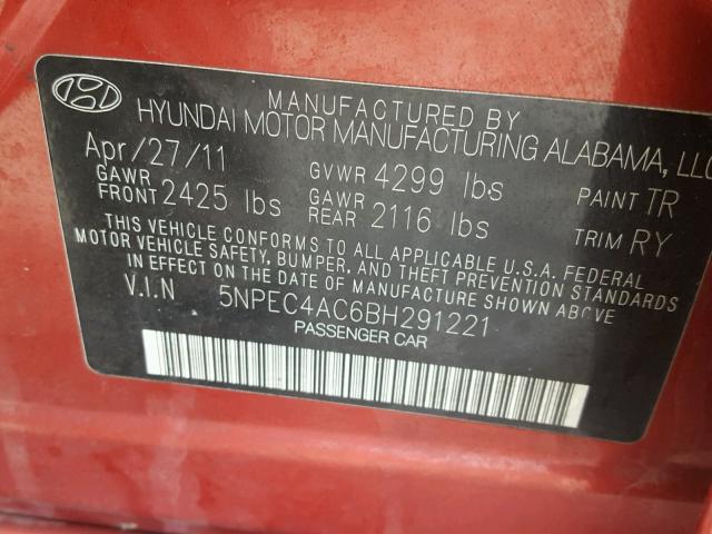 5NPEC4AC6BH291221 - 2011 HYUNDAI SONATA SE RED photo 10