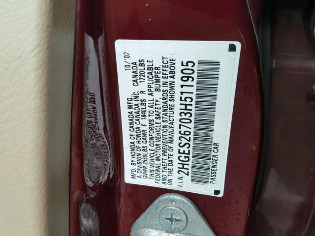 2HGES26703H511905 - 2003 HONDA CIVIC EX MAROON photo 10