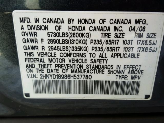 2HNYD18986H537780 - 2006 ACURA MDX TOURIN GRAY photo 10