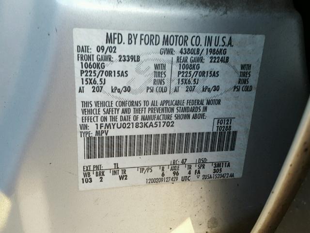 1FMYU02183KA51702 - 2003 FORD ESCAPE XLS SILVER photo 10