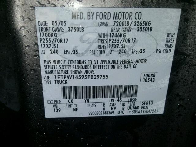 1FTPW14595FB29755 - 2005 FORD F150 SUPER GRAY photo 10