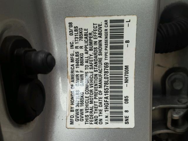 1HGFA16578L078769 - 2008 HONDA CIVIC LX SILVER photo 10