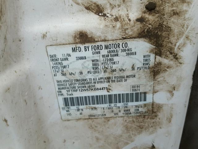 1FTRF12W57KB84475 - 2007 FORD F150 WHITE photo 10