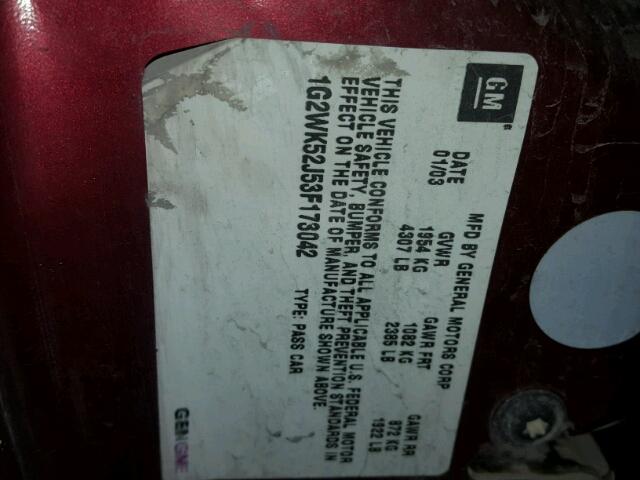 1G2WK52J53F173042 - 2003 PONTIAC GRAND PRIX MAROON photo 10