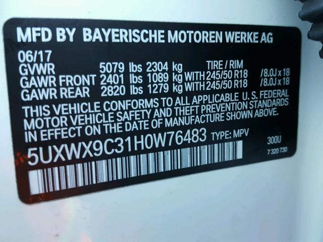 5UXWX9C31H0W76483 - 2017 BMW X3 XDRIVE2 Белый фото 10