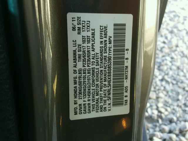 5FNRL5H6XBB085390 - 2011 HONDA ODYSSEY EX GRAY photo 10