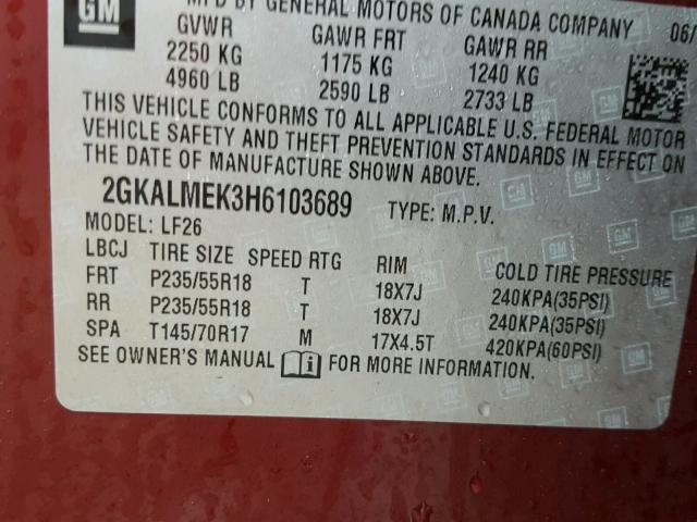 2GKALMEK3H6103689 - 2017 GMC TERRAIN SL RED photo 10