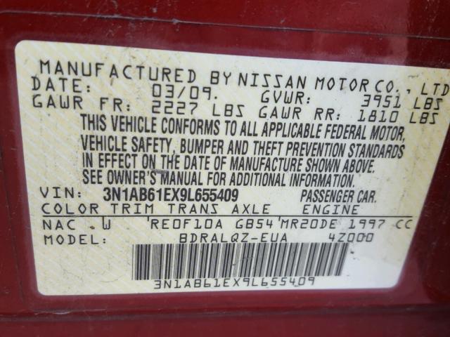 3N1AB61EX9L655409 - 2009 NISSAN SENTRA 2.0 RED photo 10