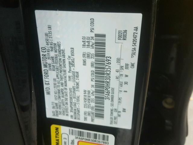 3FA6P0HR3DR357693 - 2013 FORD FUSION SE BLACK photo 10