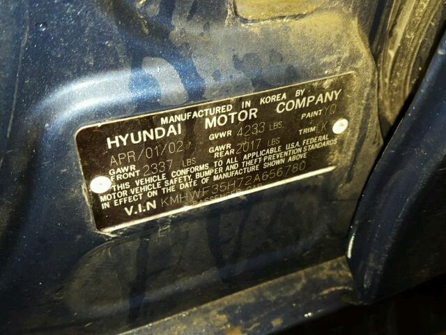 KMHWF35H72A656780 - 2002 HYUNDAI SONATA GLS BLUE photo 10