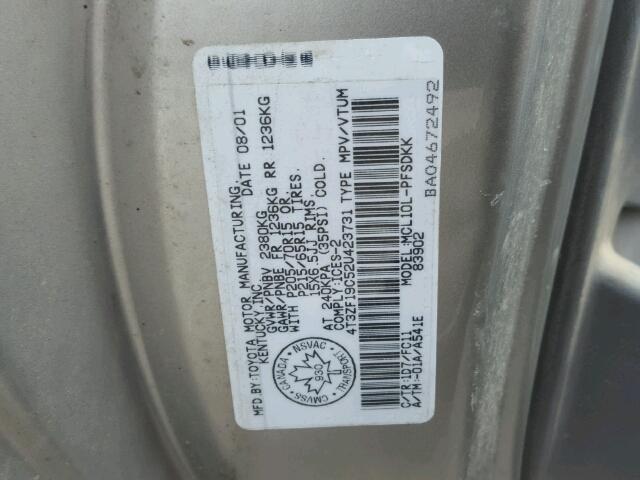 4T3ZF19C52U423731 - 2002 TOYOTA SIENNA CE SILVER photo 10