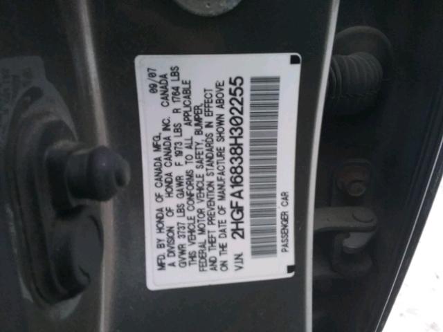 2HGFA16838H302255 - 2008 HONDA CIVIC EX ნაცრისფერი ფოტო 10