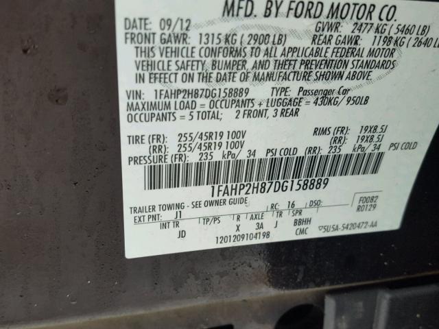 1FAHP2H87DG158889 - 2013 FORD TAURUS SEL BLACK photo 10