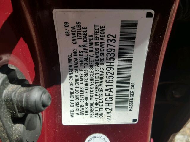 2HGFA16529H539732 - 2009 HONDA CIVIC LX RED photo 10