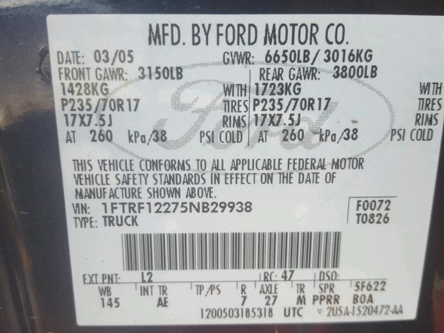 1FTRF12275NB29938 - 2005 FORD F150 BLUE photo 10