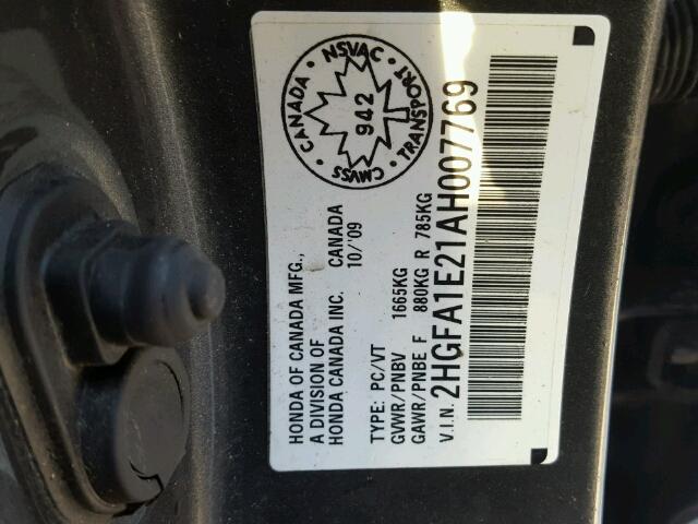 2HGFA1E21AH007769 - 2010 HONDA CIVIC DX GRAY photo 10