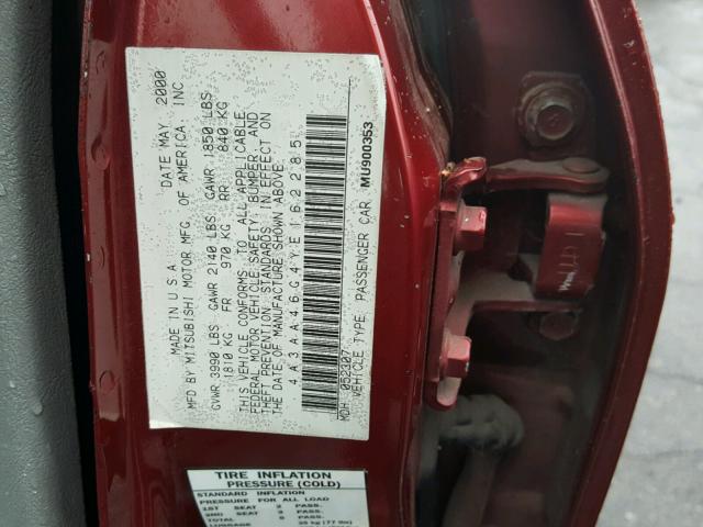 4A3AA46G4YE162285 - 2000 MITSUBISHI GALANT ES BURGUNDY photo 10