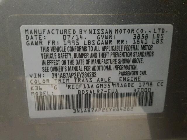 3N1AB7AP2EY284282 - 2014 NISSAN SENTRA S SILVER photo 10