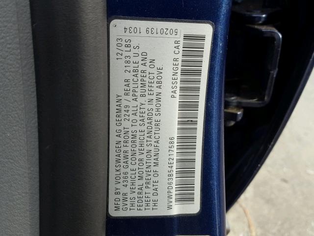 WVWPD63B54E217586 - 2004 VOLKSWAGEN PASSAT GLS BLUE photo 10